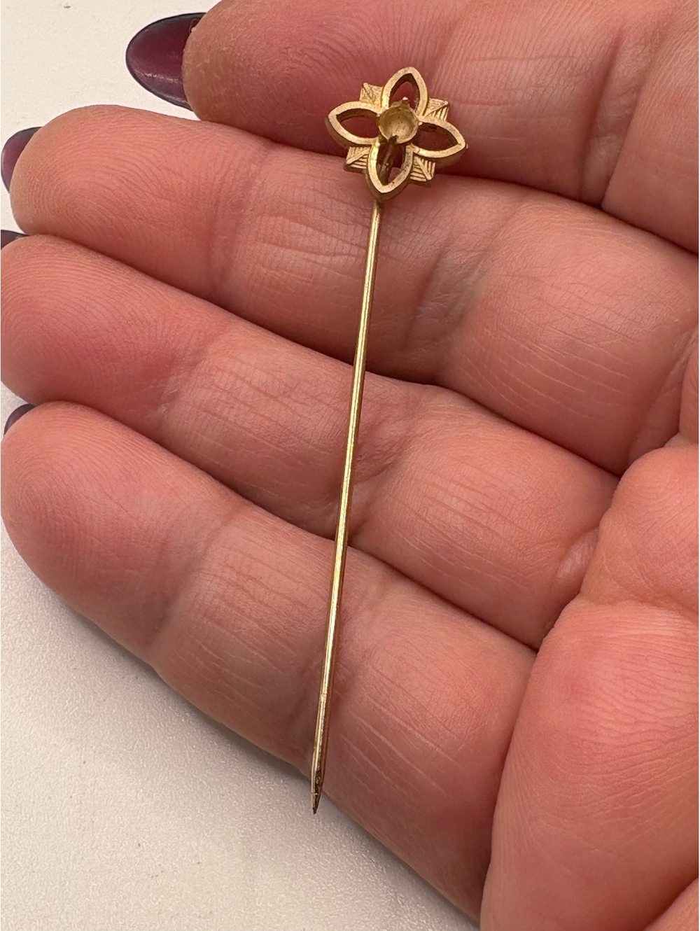 Vintage 12K Gold Filled Floral Stick Pin Hat Lapel Pin Missing Stone